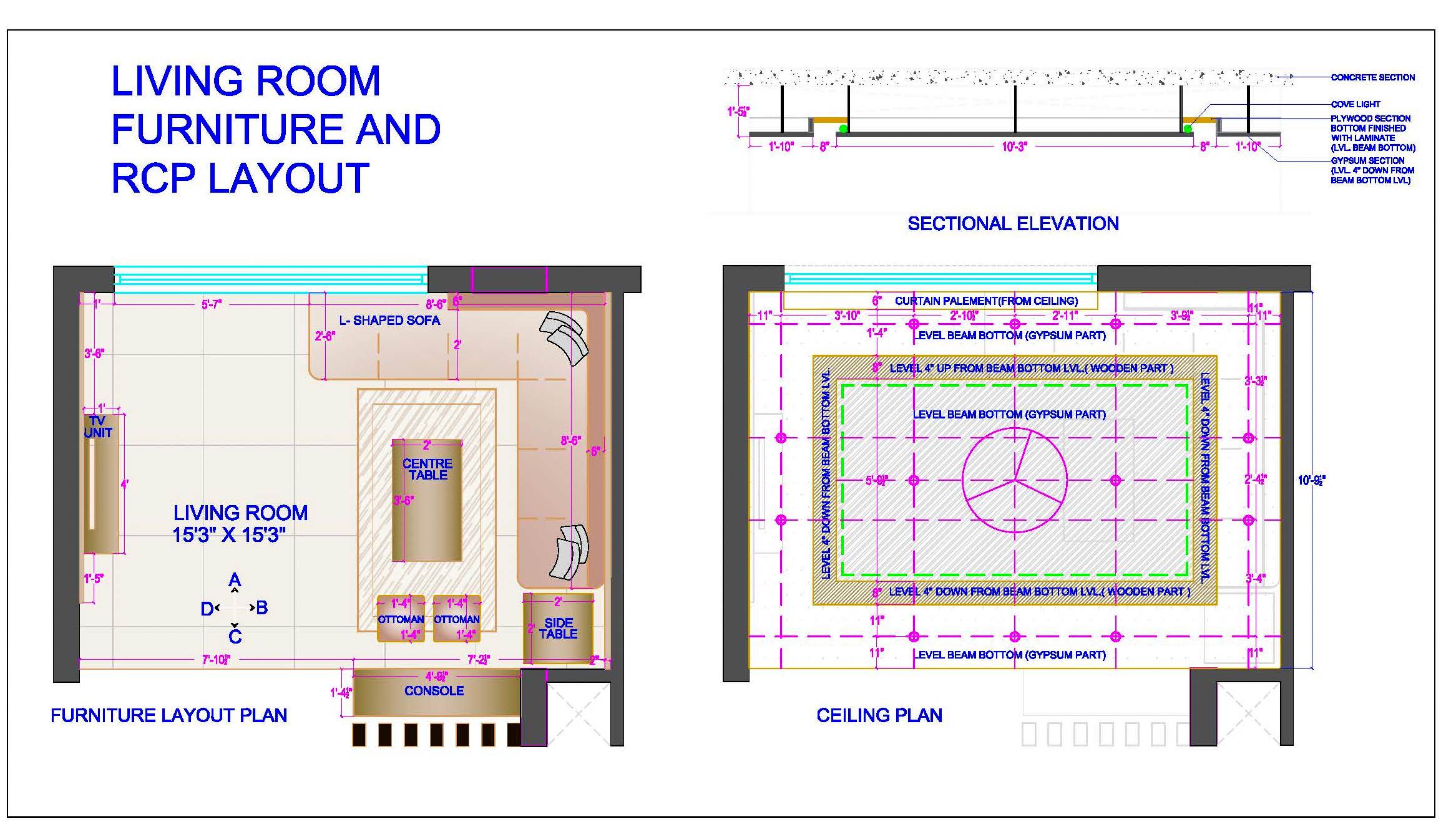 Living Room Furniture Layout and Ceiling Design DWG